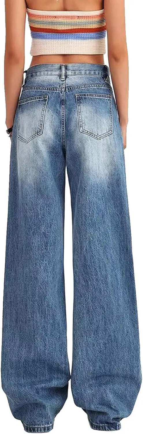 Low Rise Baggy Jeans for Women Y2K Straight Wide Leg Denim Pants Casual Loose Boyfriend Jean Trouser