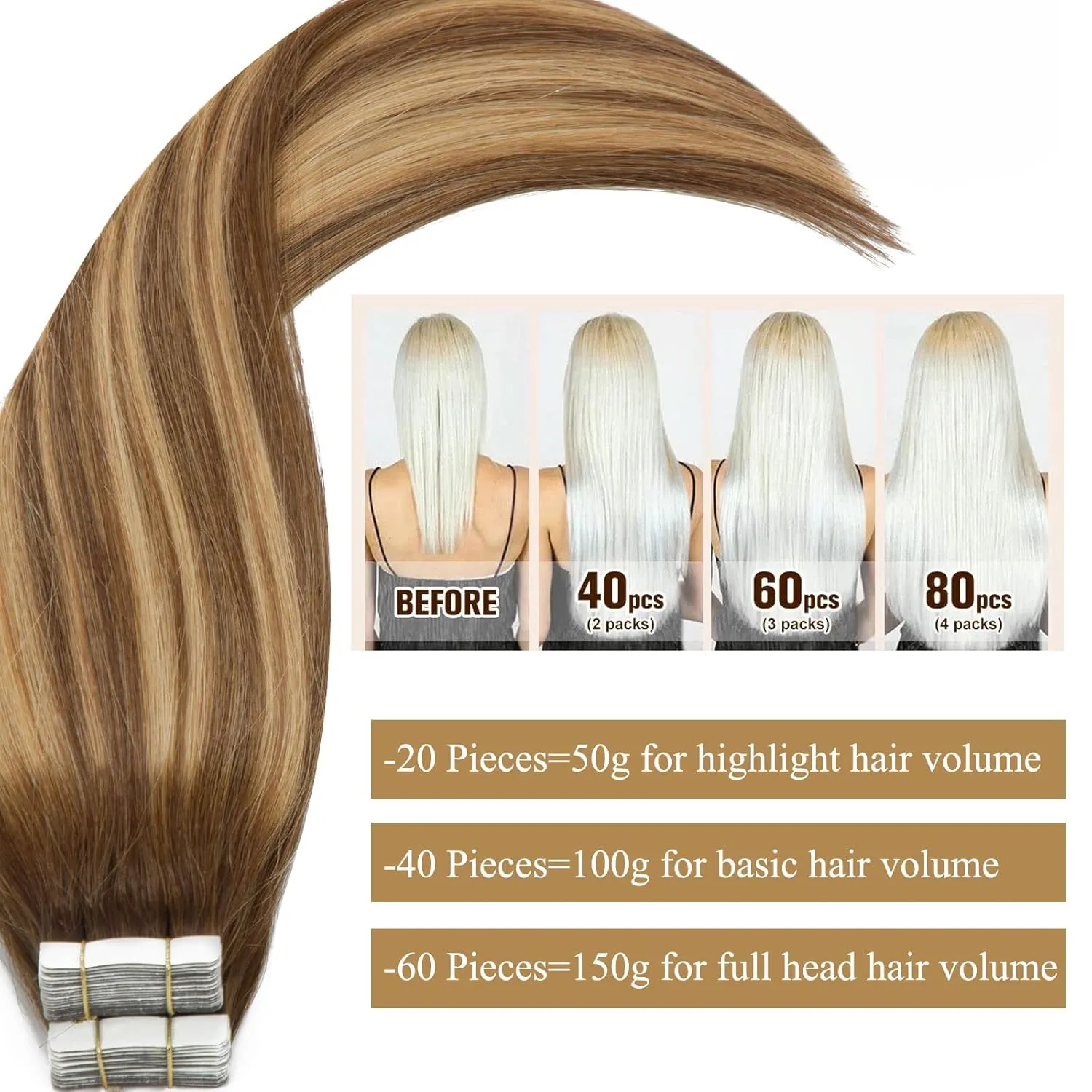 Loxxy 20pcs 30g Tape in Hair Extensions Human Hair Chocolate Brown to Caramel Blonde Remy Hair Tape in Extensions Balayage Seamless Straight Real Hair Extensions Tape Ins Natural Hair 12 Inch