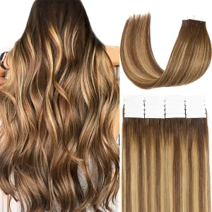 Loxxy 20pcs 30g Tape in Hair Extensions Human Hair Chocolate Brown to Caramel Blonde Remy Hair Tape in Extensions Balayage Seamless Straight Real Hair Extensions Tape Ins Natural Hair 12 Inch