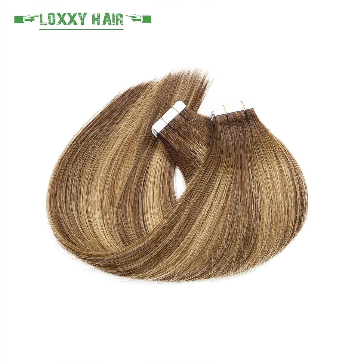 Loxxy 20pcs 30g Tape in Hair Extensions Human Hair Chocolate Brown to Caramel Blonde Remy Hair Tape in Extensions Balayage Seamless Straight Real Hair Extensions Tape Ins Natural Hair 12 Inch
