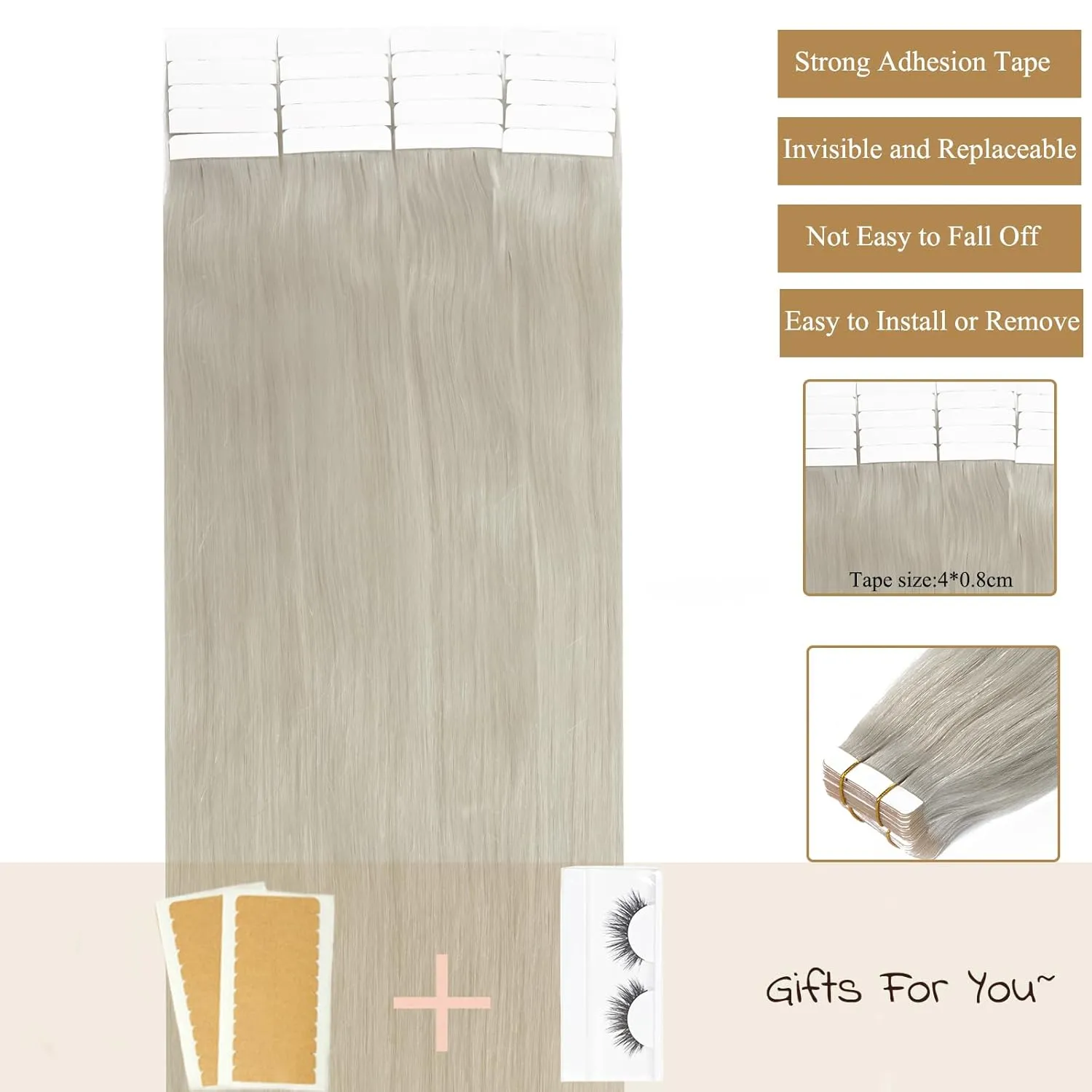 Loxxy Blonde Tape in Hair Extensions Human Hair 14Inch Light Grey 50g/pack 20pcs Straight Seamless Skin Weft Remy Human Hair Tape Ins Extensions Double Weft Straight Soft Hair