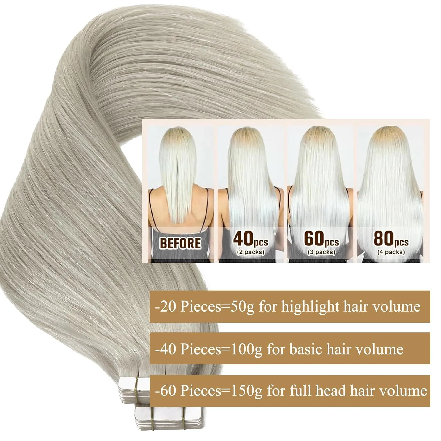 Loxxy Blonde Tape in Hair Extensions Human Hair 14Inch Light Grey 50g/pack 20pcs Straight Seamless Skin Weft Remy Human Hair Tape Ins Extensions Double Weft Straight Soft Hair
