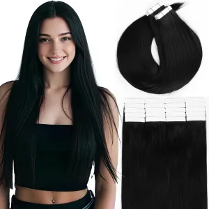 Loxxy Human Hair Tape in Extensions12 Inch Invisible Jet Black Hair Extensions Real Human Hair Tape in Double Side Skin Weft Glue in Seamless #1 50g 20pcs