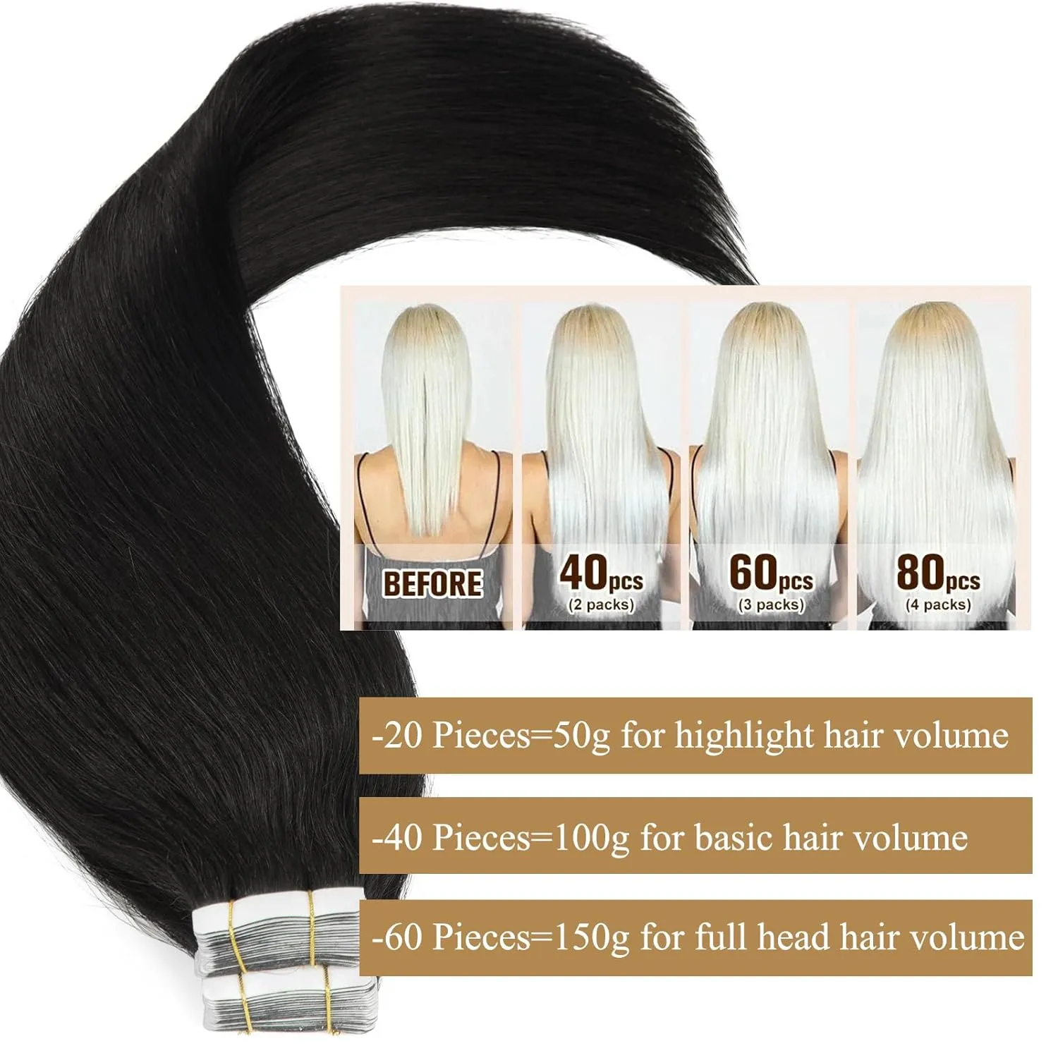 Loxxy Human Hair Tape in Extensions12 Inch Invisible Jet Black Hair Extensions Real Human Hair Tape in Double Side Skin Weft Glue in Seamless #1 50g 20pcs