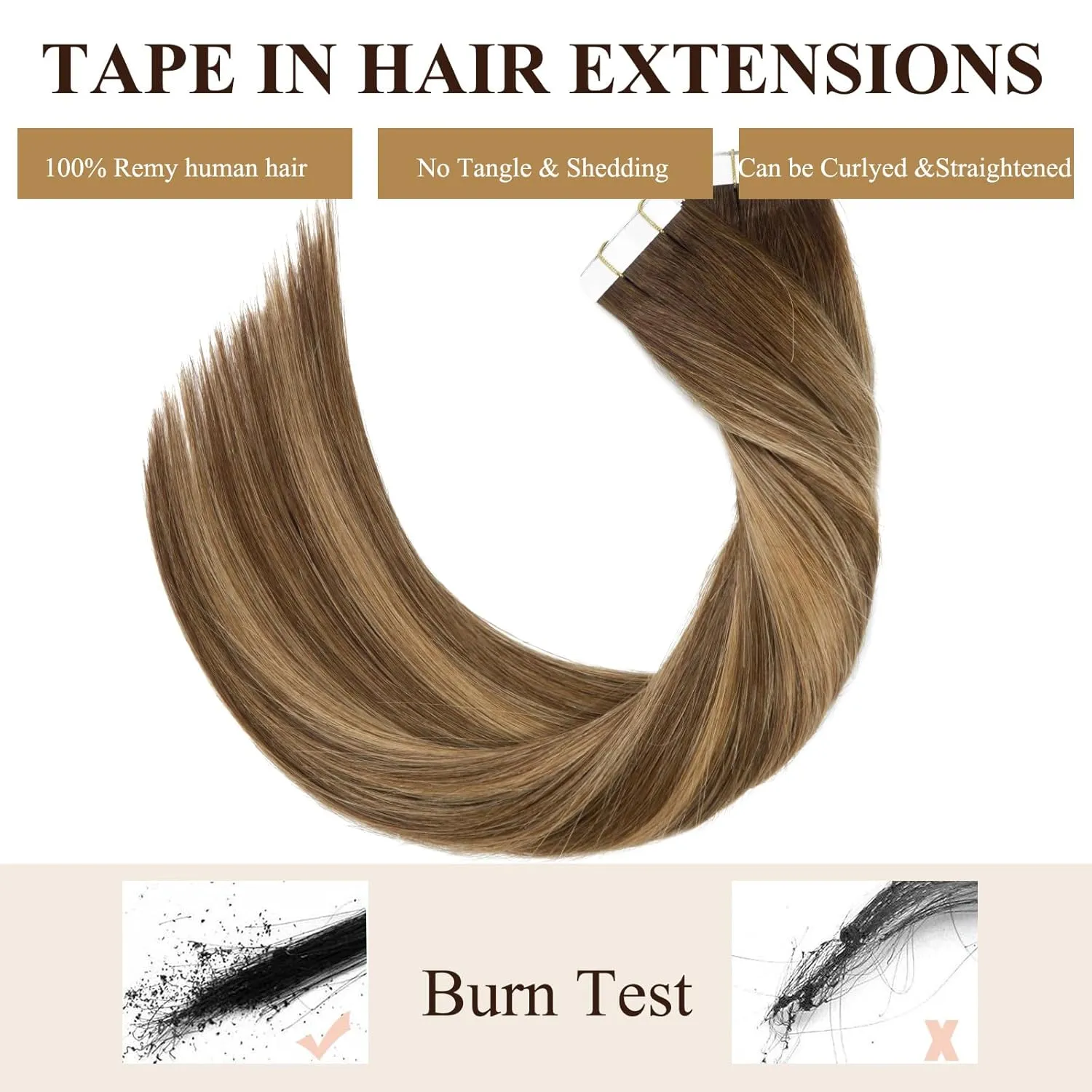 Loxxy Real Human Hair Tape in Extensions Ombre Medium Brown Fading to Hightlights Blonde Double Sided Tape For Hair Extensions Tape in 12Inch 50g 20Pcs Straight Tape in Hair Extensions R4/24/4