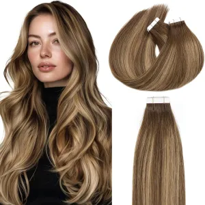 Loxxy Real Human Hair Tape in Extensions Ombre Medium Brown Fading to Hightlights Blonde Double Sided Tape For Hair Extensions Tape in 12Inch 50g 20Pcs Straight Tape in Hair Extensions R4/24/4