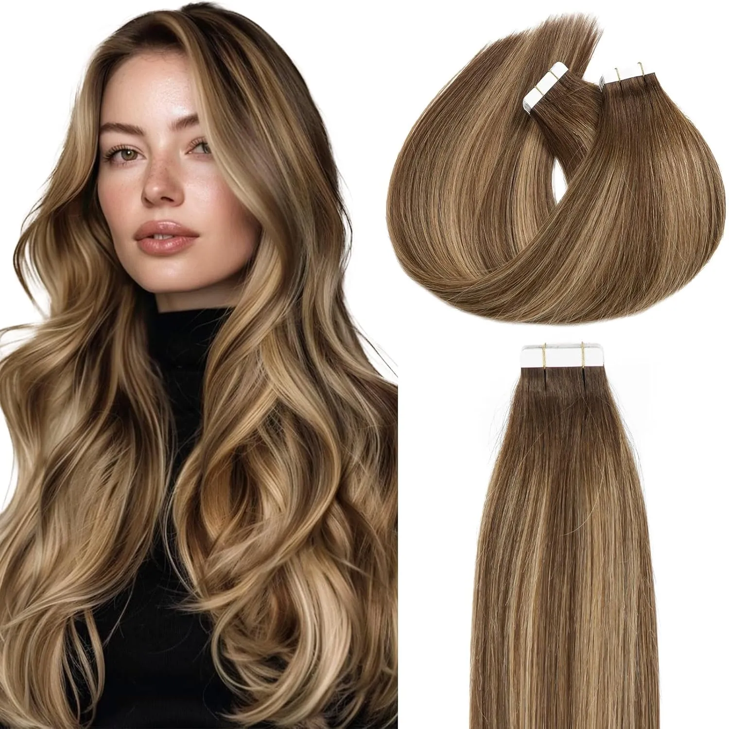 Loxxy Real Human Hair Tape in Extensions Ombre Medium Brown Fading to Hightlights Blonde Double Sided Tape For Hair Extensions Tape in 12Inch 50g 20Pcs Straight Tape in Hair Extensions R4/24/4