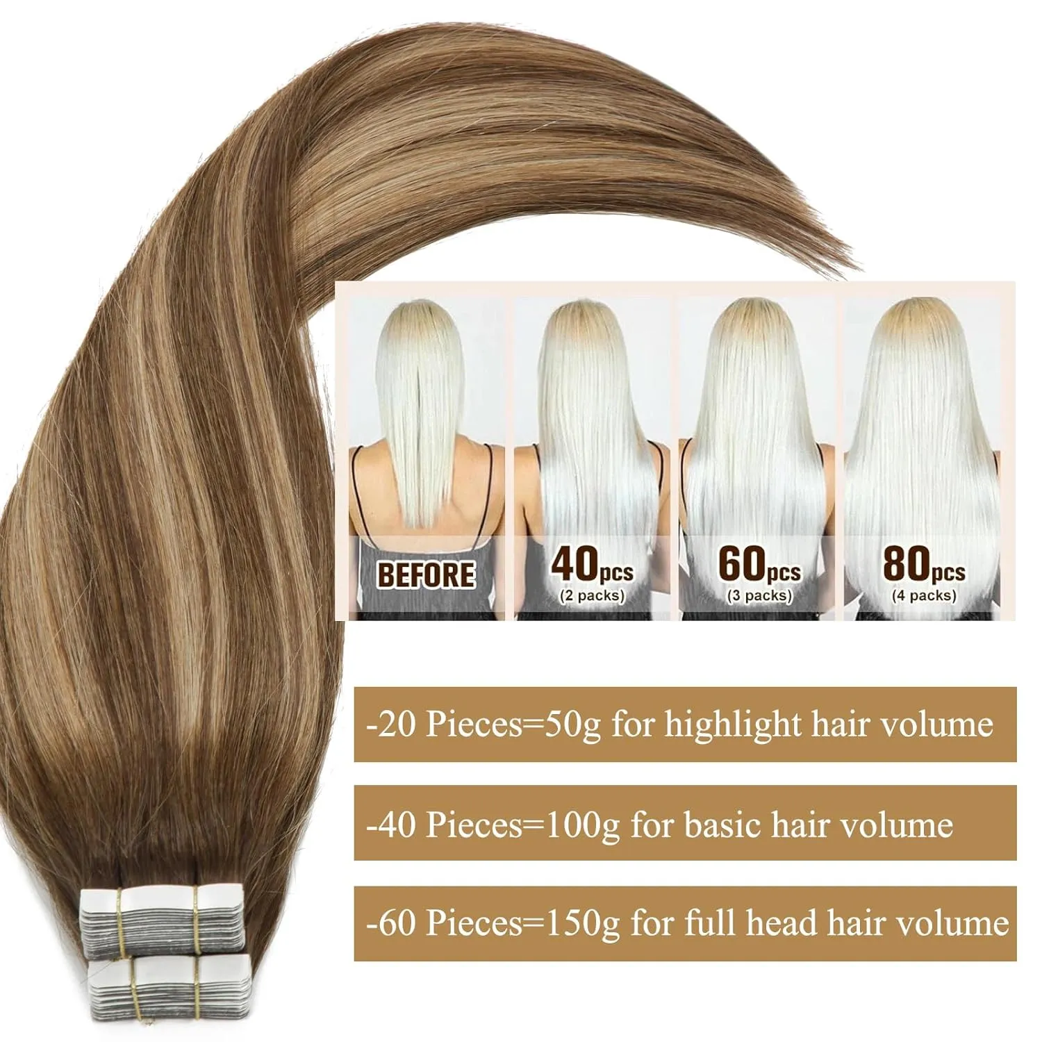 Loxxy Real Human Hair Tape in Extensions Ombre Medium Brown Fading to Hightlights Blonde Double Sided Tape For Hair Extensions Tape in 12Inch 50g 20Pcs Straight Tape in Hair Extensions R4/24/4