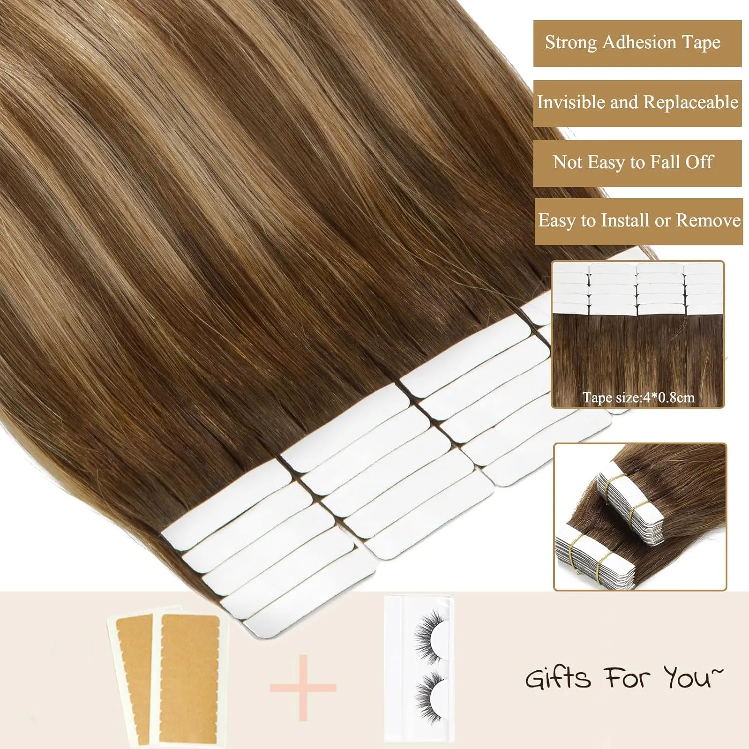 Loxxy Real Human Hair Tape in Extensions Ombre Medium Brown Fading to Hightlights Blonde Double Sided Tape For Hair Extensions Tape in 12Inch 50g 20Pcs Straight Tape in Hair Extensions R4/24/4