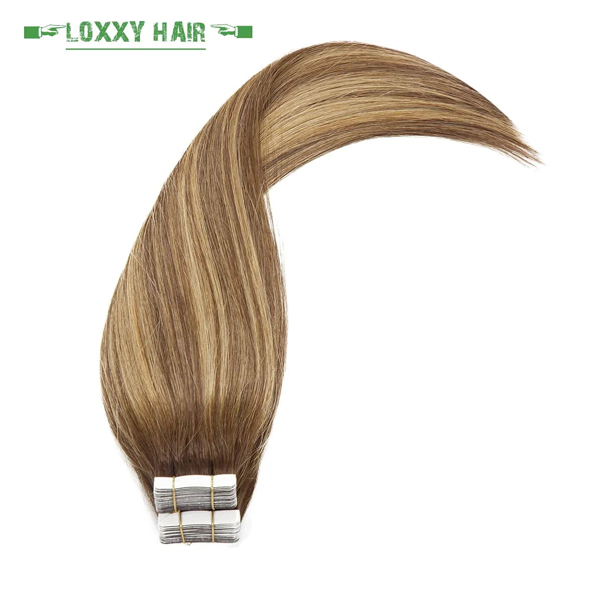 Loxxy Tape in Hair Extensions Human Hair Invisible Brazilian Natural Ombre Chocalate Brown Fading to Strawberry Blonde Highlight Hair Extensions Tape in 20pcs 50g/pack 14Inch R#4-4/27