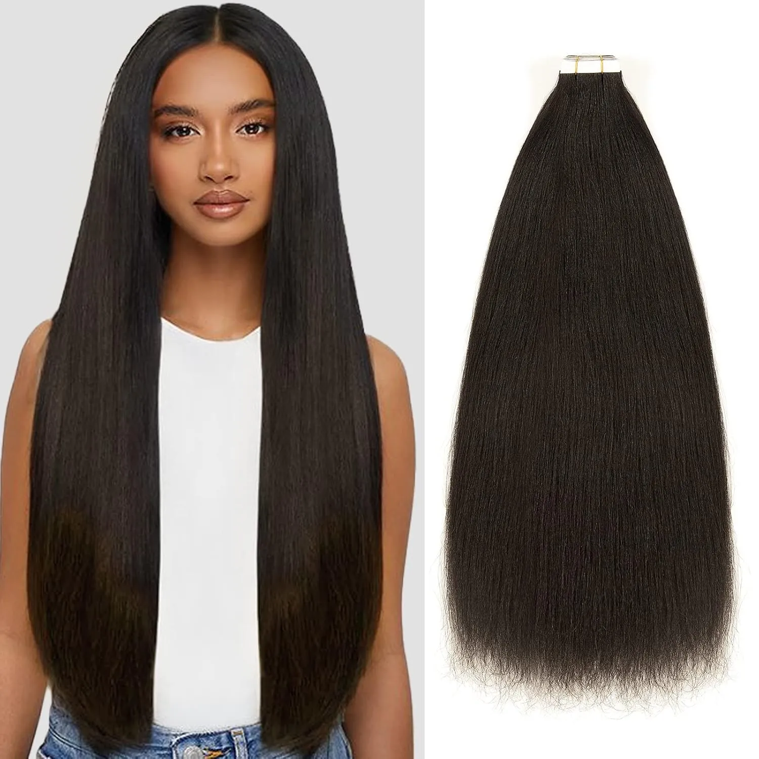Loxxy Yaki Straight Tape in Hair Extensions Human Hair Black Women 16pcs 40g Seamless Skin Weft Yaki Tape in Extensions Human Hair Natural Black Full Head Remy Kinky Straight Tape Ins 12inch