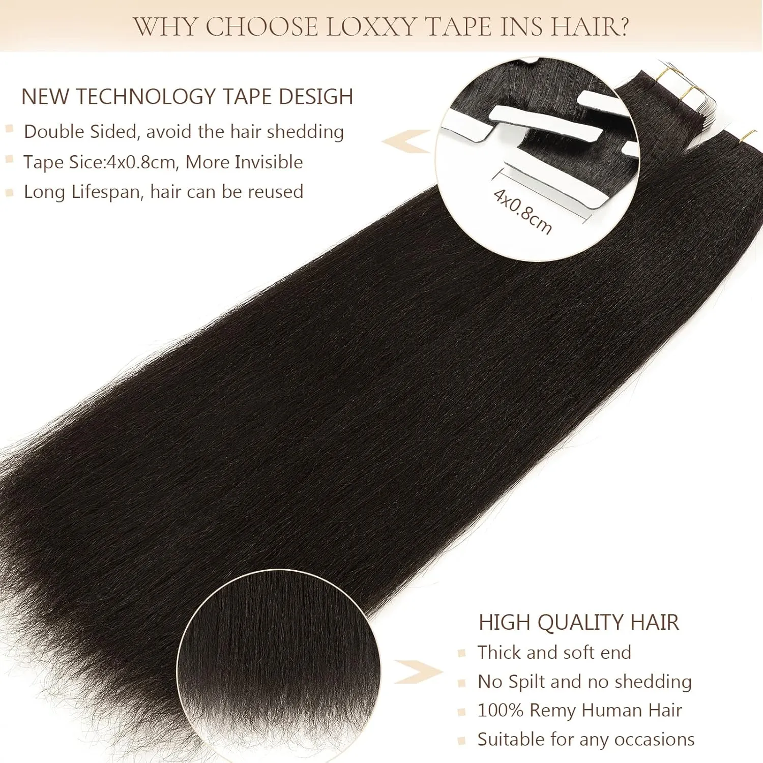 Loxxy Yaki Straight Tape in Hair Extensions Human Hair Black Women 16pcs 40g Seamless Skin Weft Yaki Tape in Extensions Human Hair Natural Black Full Head Remy Kinky Straight Tape Ins 12inch