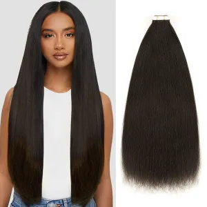 Loxxy Yaki Straight Tape in Hair Extensions Human Hair Black Women 16pcs 40g Seamless Skin Weft Yaki Tape in Extensions Human Hair Natural Black Full Head Remy Kinky Straight Tape Ins 12inch