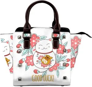 Luck Cat Flower Women Leather Shoulder Bag Mini Rivet Handbag Tote Bag For Travel Work Shoping
