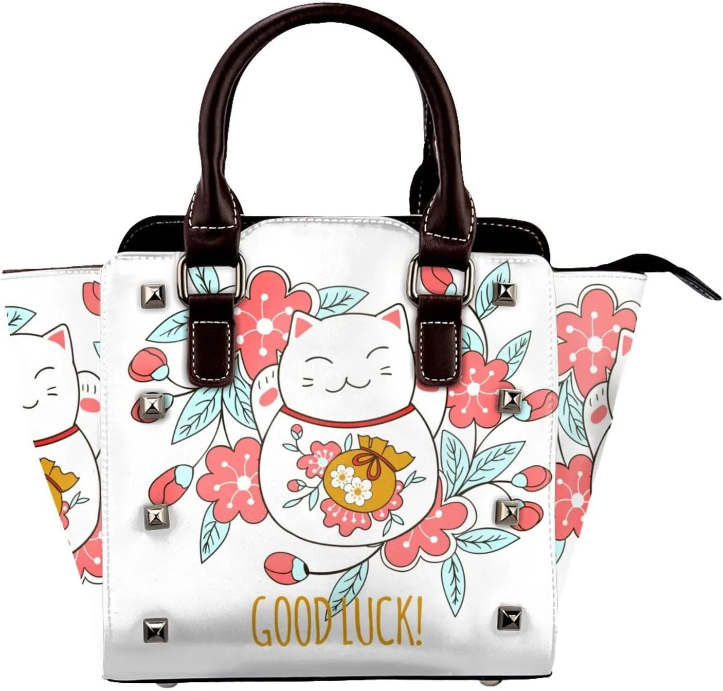 Luck Cat Flower Women Leather Shoulder Bag Mini Rivet Handbag Tote Bag For Travel Work Shoping