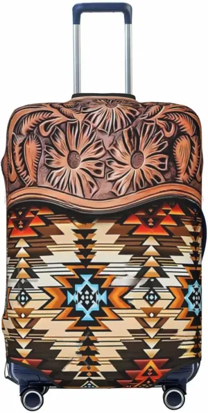 Luggage Cover For Travel Western Country Aztec Navajo Metal Cowhide Leather– Scratch-Resistant Ideal For Travel 20-28 Inch.