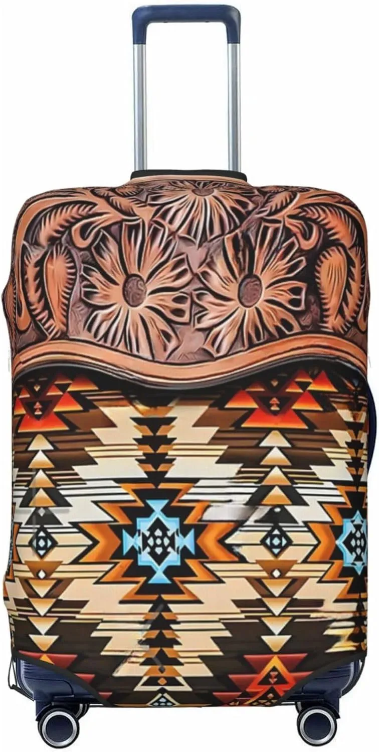 Luggage Cover For Travel Western Country Aztec Navajo Metal Cowhide Leather– Scratch-Resistant Ideal For Travel 20-28 Inch.