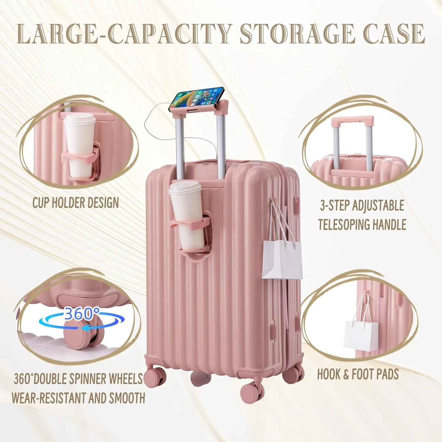 Luggage Set,3 Piece Suitcase with Spinner Wheels, Suitcase with Tsa Lock Cup Holder Phone Holder,Carry On Luggage Easy Travel for Men and Women,Pink