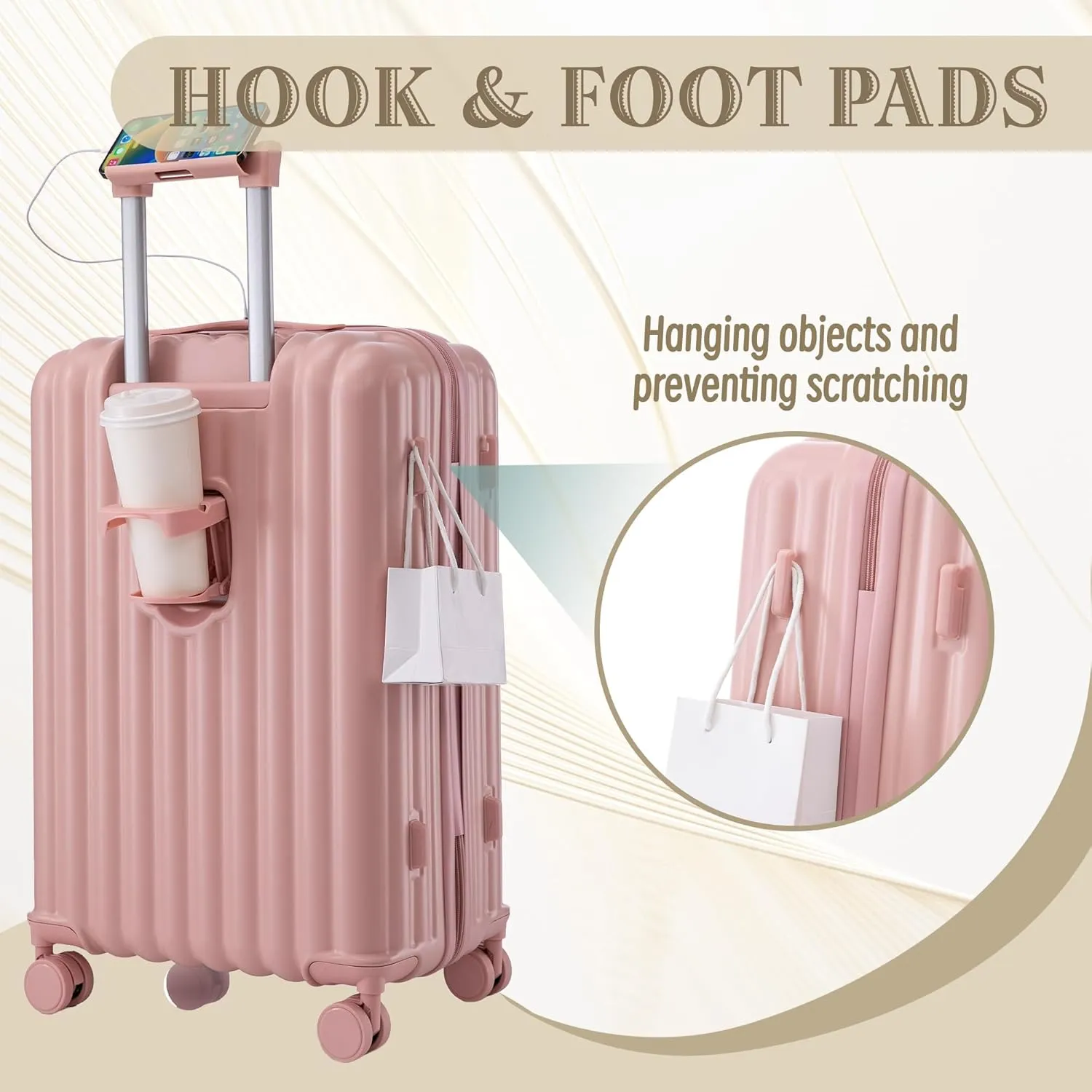 Luggage Set,3 Piece Suitcase with Spinner Wheels, Suitcase with Tsa Lock Cup Holder Phone Holder,Carry On Luggage Easy Travel for Men and Women,Pink