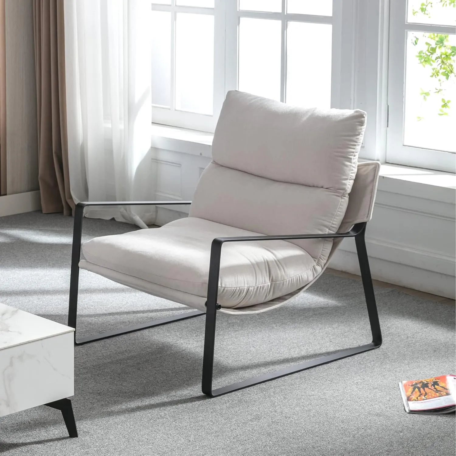 LukeAlon Modern Linen Accent Armchair, Upholstered Soft Living Room Chair with Metal Base Removable Thickened Cushion Single Sofa Chair Comfy Lounge Chair for Bedroom Living Room, White