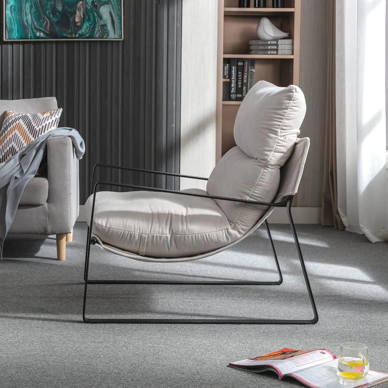 LukeAlon Modern Linen Accent Armchair, Upholstered Soft Living Room Chair with Metal Base Removable Thickened Cushion Single Sofa Chair Comfy Lounge Chair for Bedroom Living Room, White