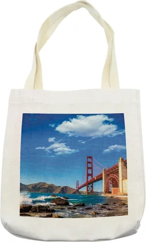 Lunarable Landscape Tote Bag, San Francisco Golden Gate Bridge Rocky Sea Waterscape Scenic Coastline Vacation, Cloth Linen Reusable Bag for Shopping Books Beach and More, 16.5" X 14", Blue