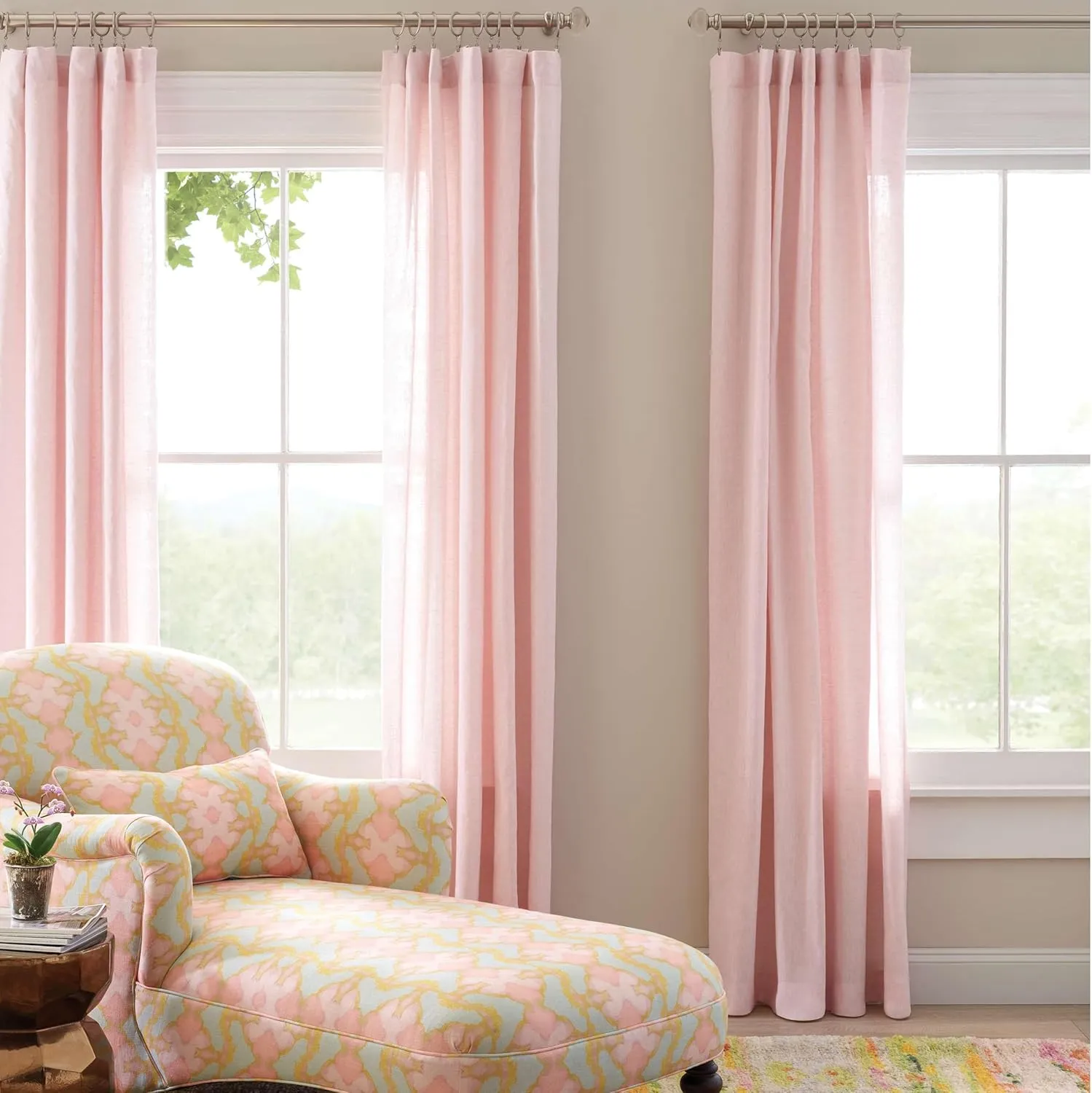 Lush Linen Slipper Pink Curtain Panel, 55" W x 63" L, Pink Solid Pattern