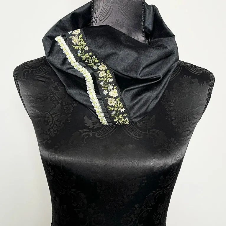 Luxe Collar - Loop Scarf - Black Velvet - Floral Trim