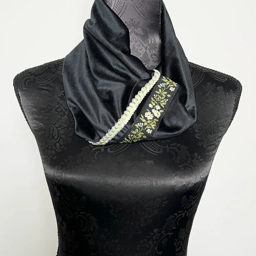Luxe Collar - Loop Scarf - Black Velvet - Floral Trim