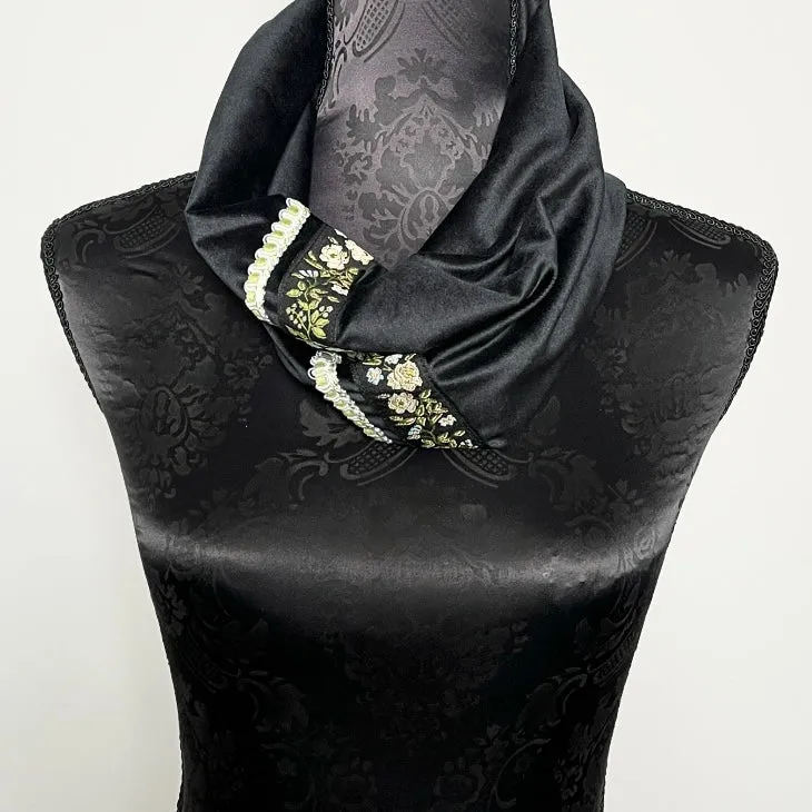 Luxe Collar - Loop Scarf - Black Velvet - Floral Trim