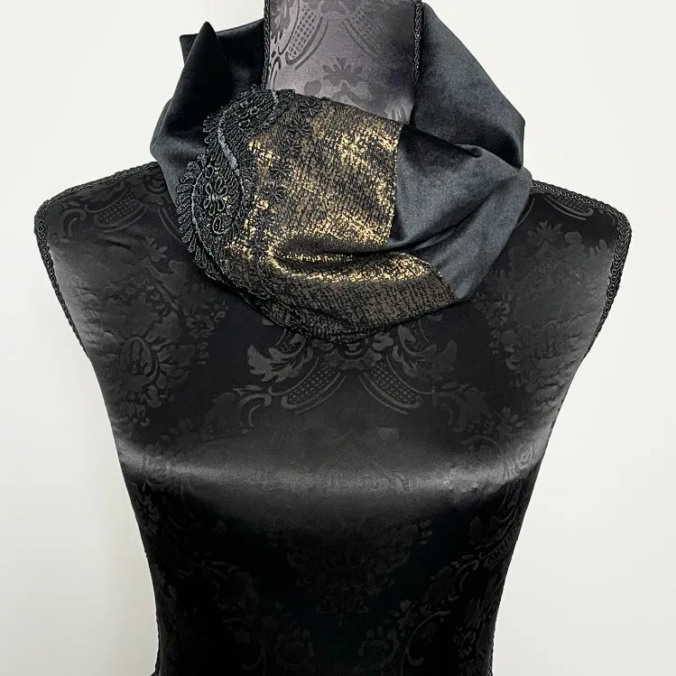 Luxe Collar - Loop Scarf - Black Velvet - Lace And Gold Trim