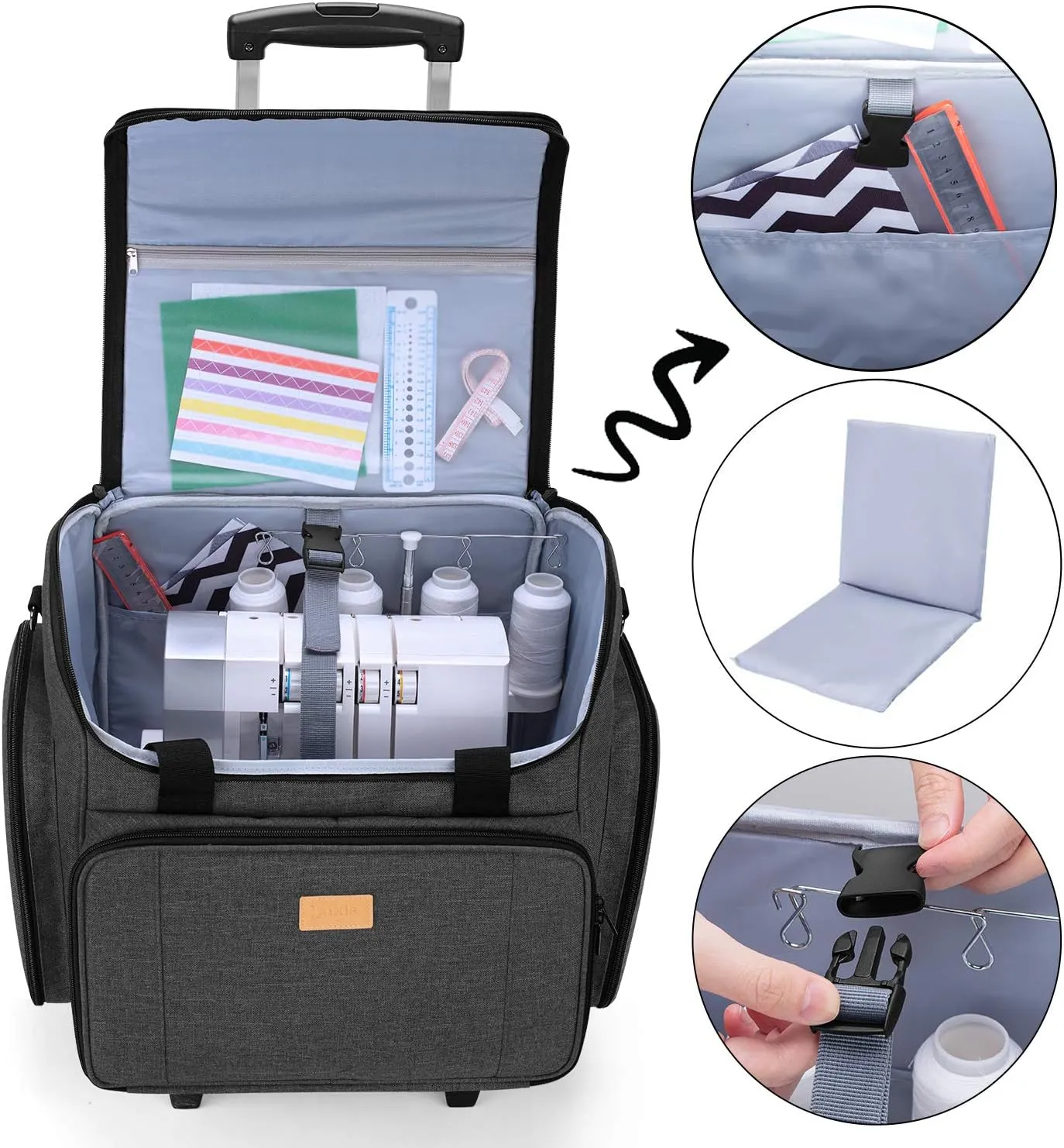 LUXJA Serger Case with Detachable Dolly, Serger Bag with Removable Padding Pad (Fit for Most Standard Serger Machines), Black