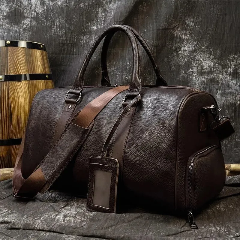 Luxury Genuine Leather Men Women Travel Bag Cow Leather Carry On Luggage Bag Travel Shoulder Bag Male Female Weekend Duffle Bag(Brown (45cm))