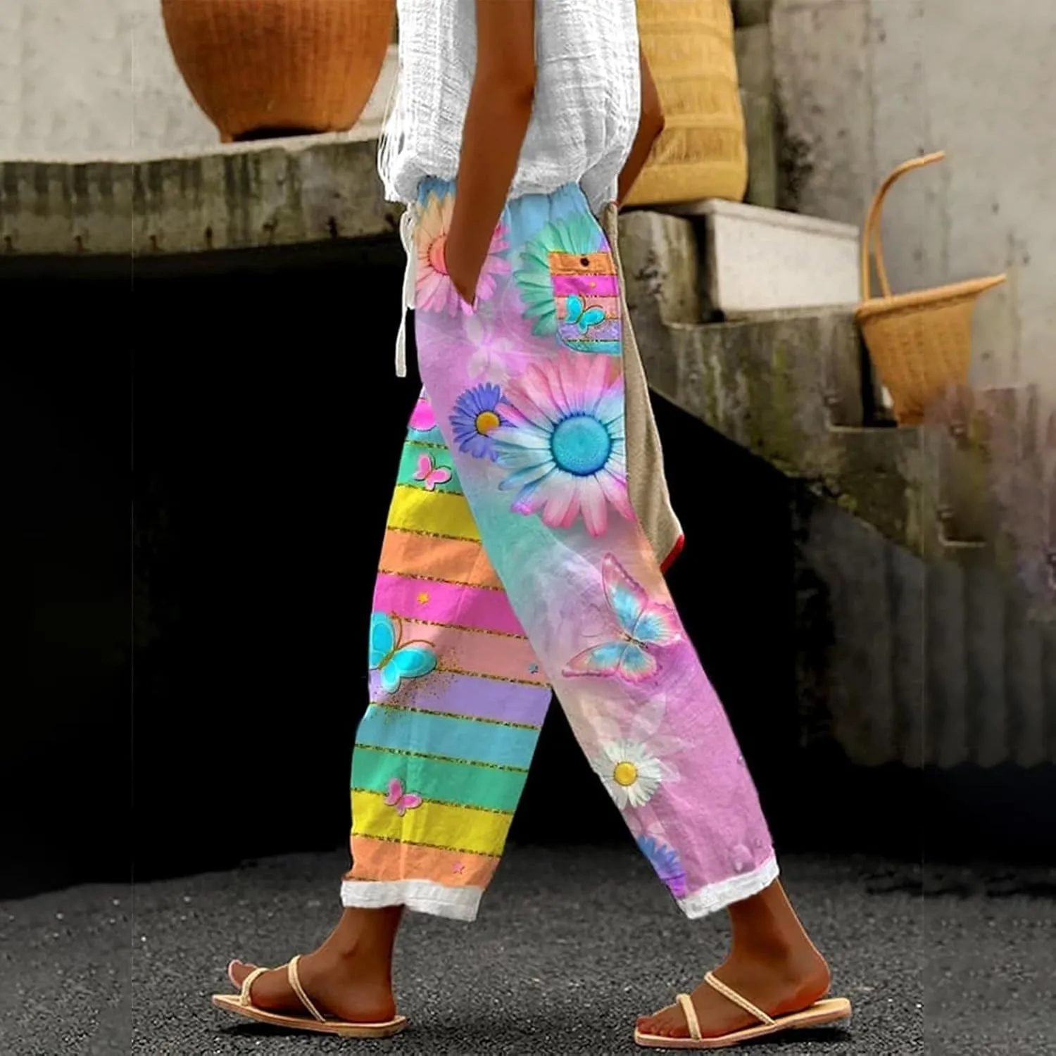 Luxury Linen Blend Trousers High Waist Wide Leg Women's 2025 Summer Beach Palazzo Pants with Belt Loops
