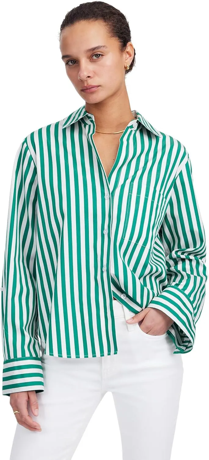 Madewell Women's Y Neck Shirt with Adjustable Sleeve