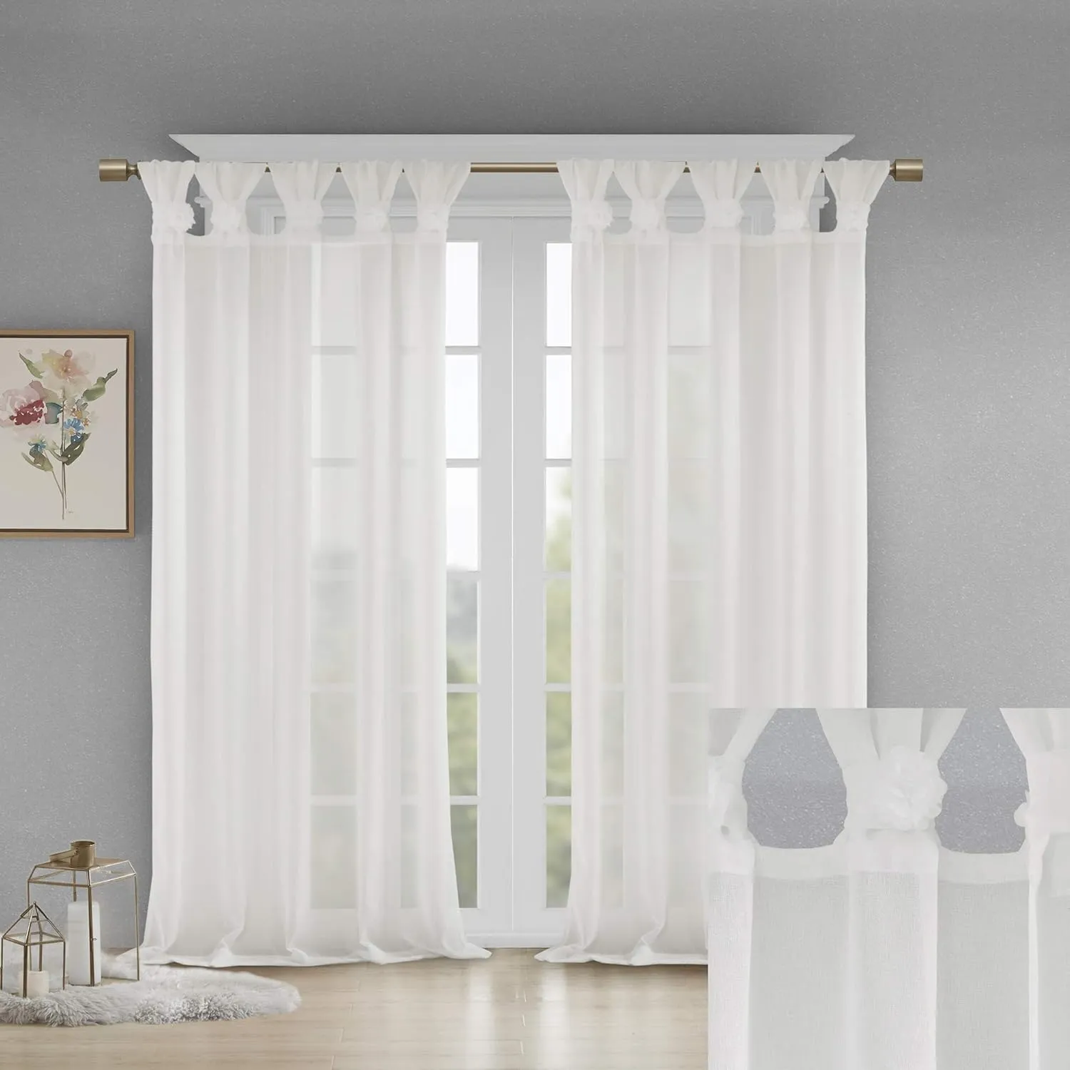 Madison Park - MP40-5644 Rosette Floral Embellished Cuff Tab Top Solid Window Treatments Curtain Panel Drape for Bedroom Living Room and Dorm, 50"X63", White