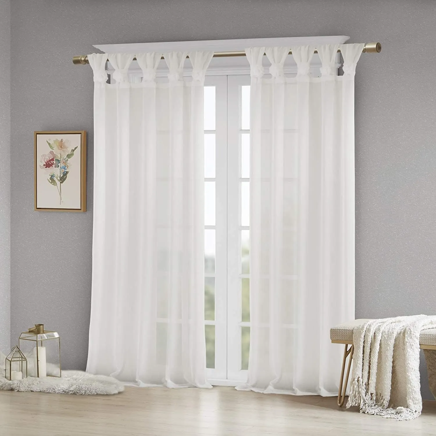 Madison Park - MP40-5644 Rosette Floral Embellished Cuff Tab Top Solid Window Treatments Curtain Panel Drape for Bedroom Living Room and Dorm, 50"X63", White