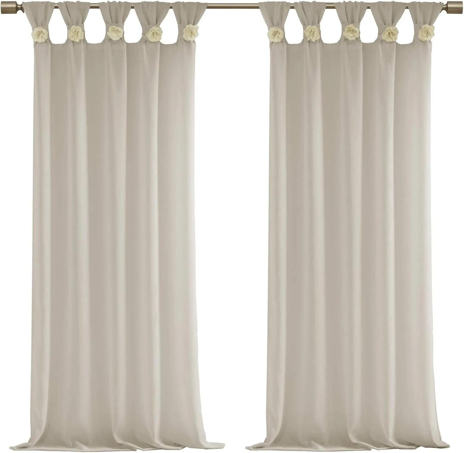 Madison Park Rosette Floral Embellished Cuff Tab Top Solid Single Window Treatments Sheer Curtain Panel Drape for Bedroom Living Room and Dorm, 50"x63", Linen