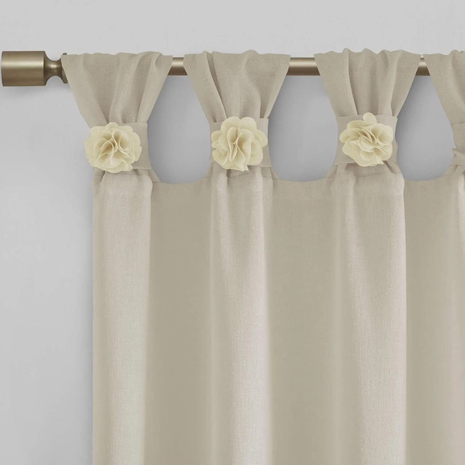 Madison Park Rosette Floral Embellished Cuff Tab Top Solid Single Window Treatments Sheer Curtain Panel Drape for Bedroom Living Room and Dorm, 50"x63", Linen
