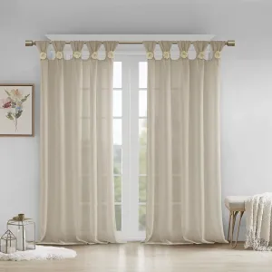 Madison Park Rosette Floral Embellished Cuff Tab Top Solid Single Window Treatments Sheer Curtain Panel Drape for Bedroom Living Room and Dorm, 50"x63", Linen