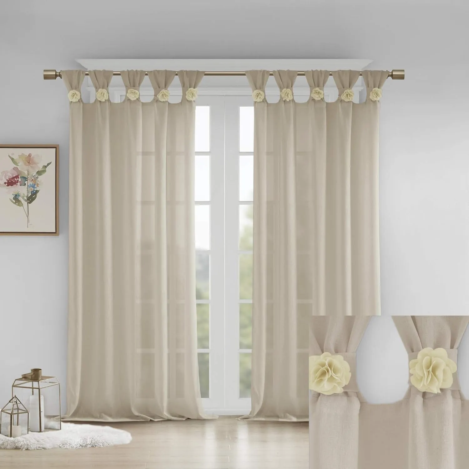 Madison Park Rosette Floral Embellished Cuff Tab Top Solid Single Window Treatments Sheer Curtain Panel Drape for Bedroom Living Room and Dorm, 50"x63", Linen
