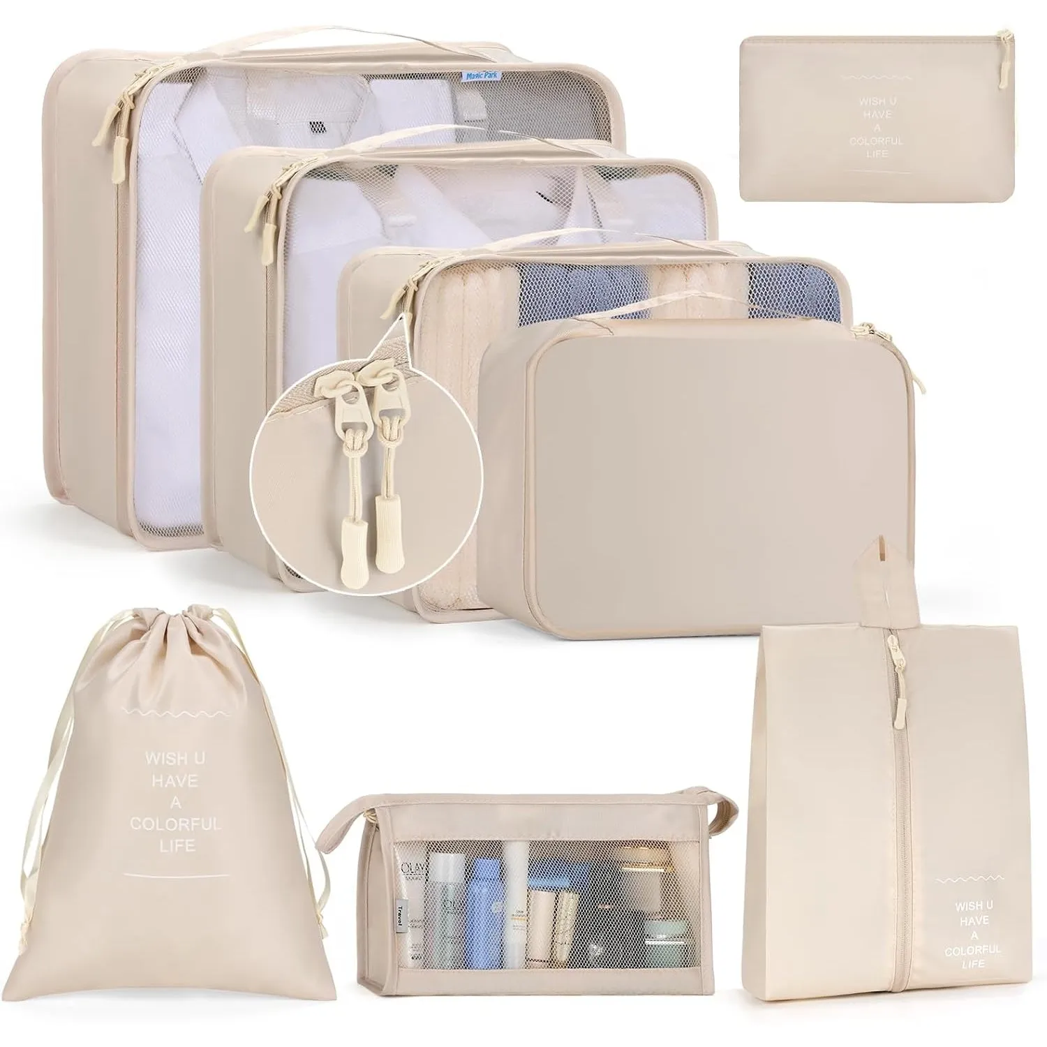 Magic Park 8Pcs Packing Cubes for Storage Luggage Packing Cube Organizer Travel Packing Cubes Set Clothes Shoes Storage Travel Organizer Bags for Luggage (Beige)