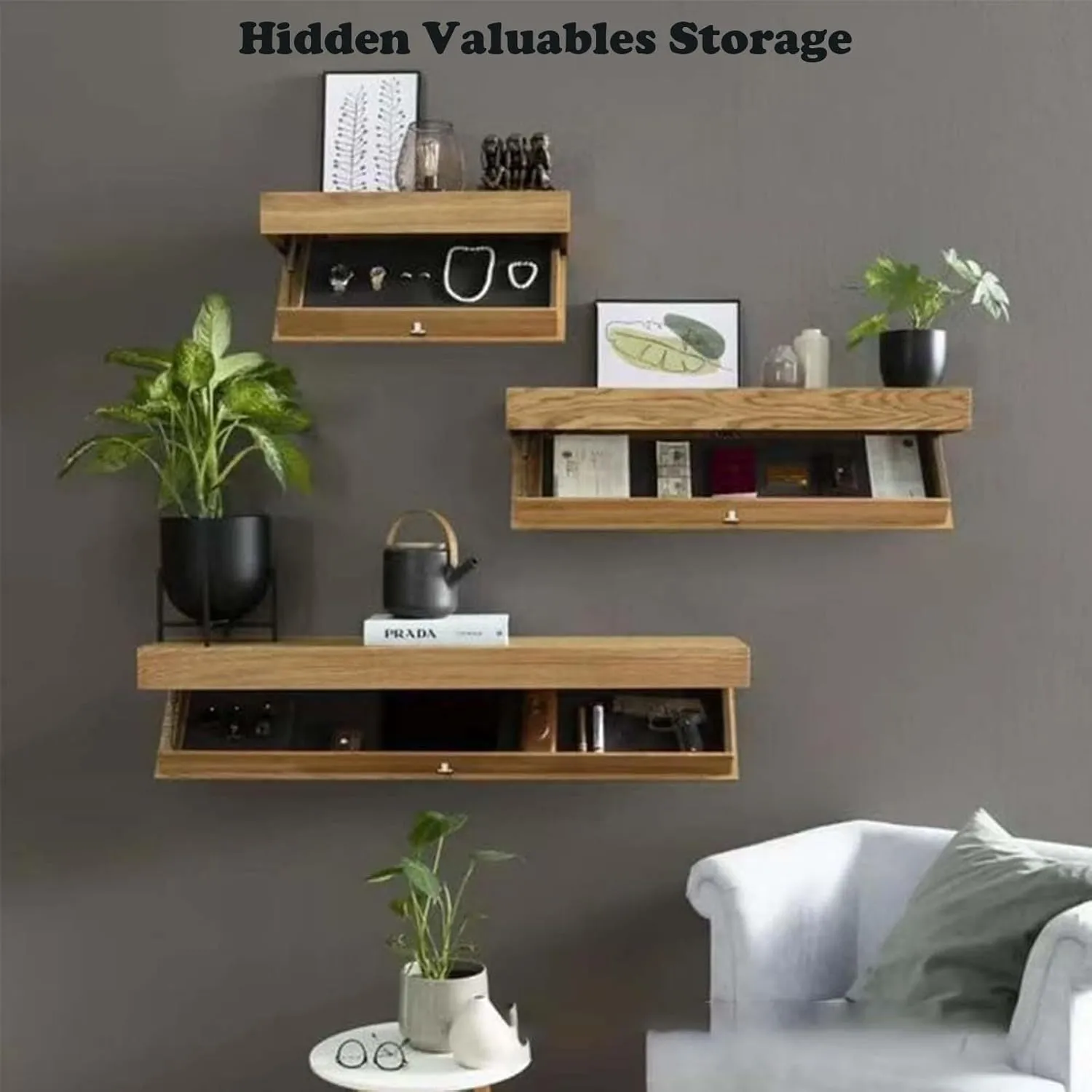 Magicflap Designer Shelf with Secret Compartment, Floating Shelf with Hidden Compartment, Upgraded Hidden Compartment Storage Solution, Suitable for Living Rooms or Offices (1, Wood)
