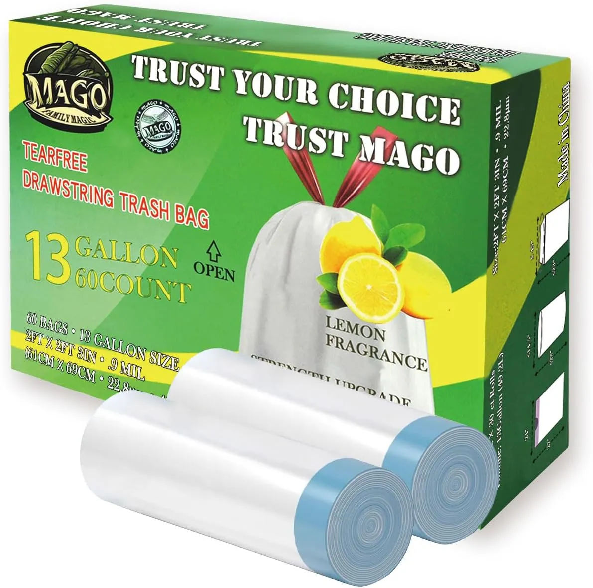 MAGO FAMILY MAGIC - Tall Kitchen Drawstring Trash Bags - 13 Gallon Trash Bags - Lemon Scent - Odor Control & Leak Proof Tall Kitchen Garbage Bags - Tear-Free Design - Pack of 2 (120 Count)