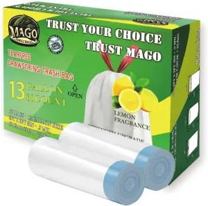 MAGO FAMILY MAGIC - Tall Kitchen Drawstring Trash Bags - 13 Gallon Trash Bags - Lemon Scent - Odor Control & Leak Proof Tall Kitchen Garbage Bags - Tear-Free Design - Pack of 2 (120 Count)