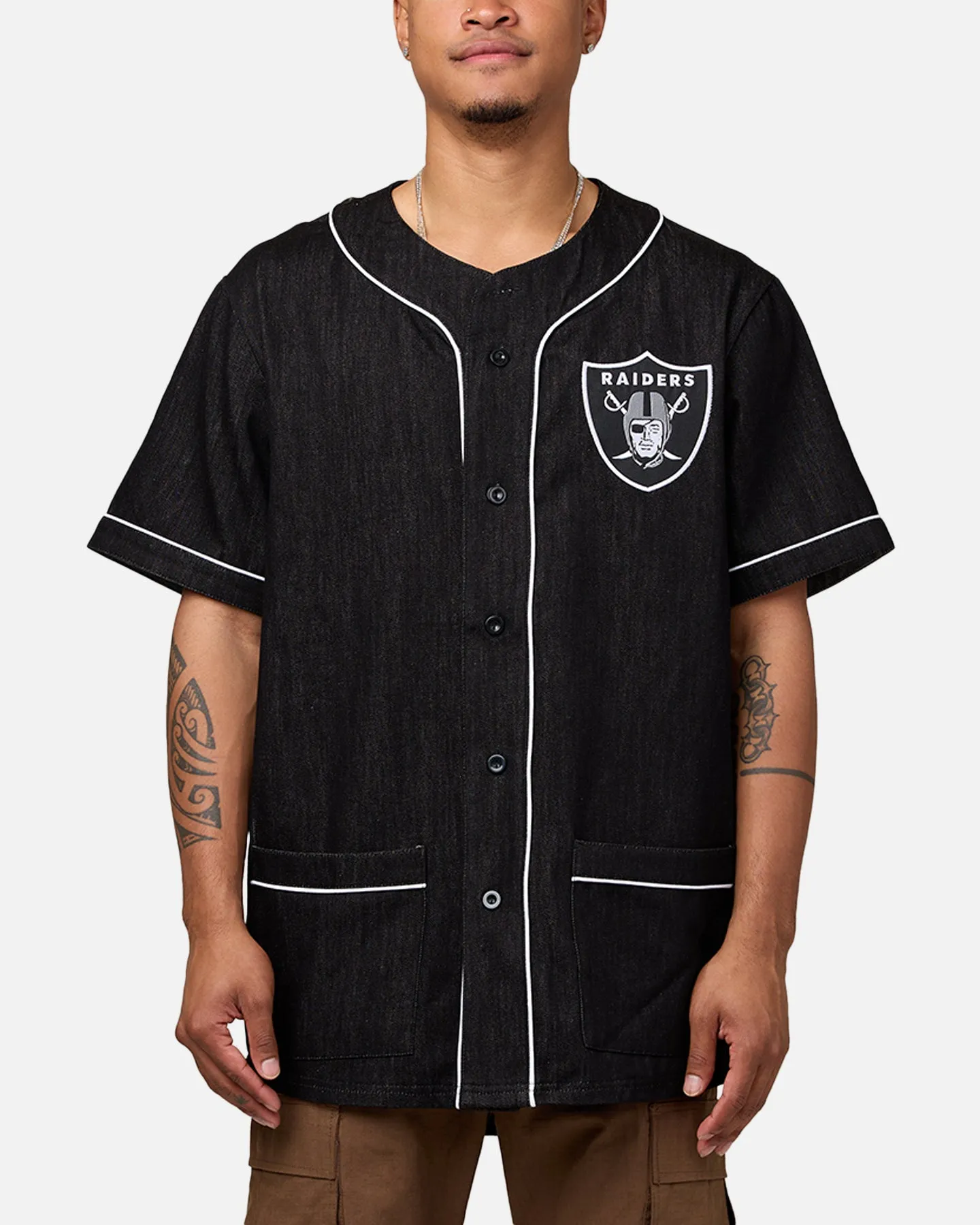 Majestic Athletic Las Vegas Raiders Denim Button Up Shirt Washed Black Denim
