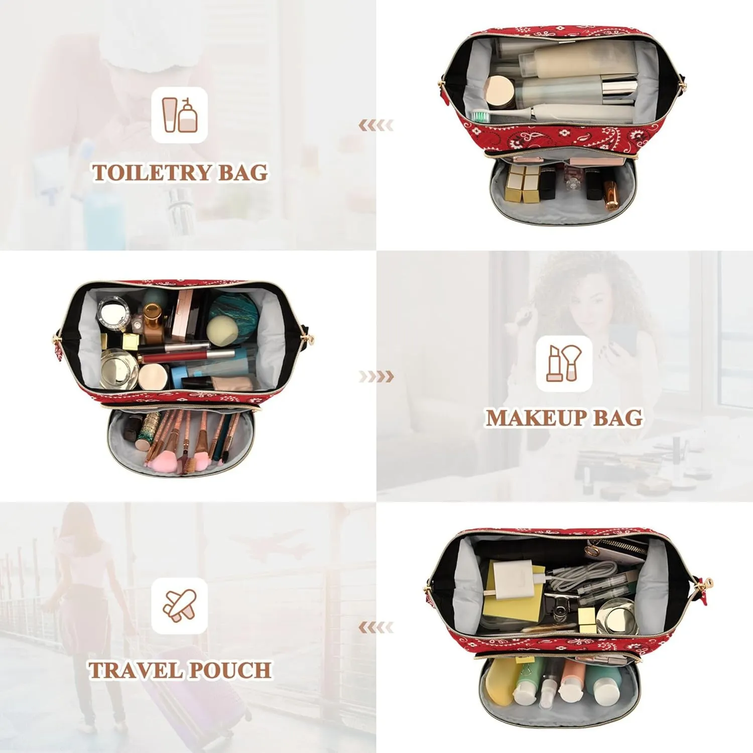 Makeup Bag Cosmetic Bag, Red Paisely Ornament Large Capacity Travel Pouch Makeup Case Organizer for Women Toiletry Bag with Zipper for Ladies Girls