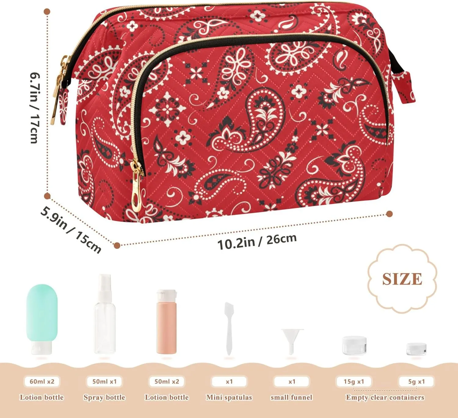 Makeup Bag Cosmetic Bag, Red Paisely Ornament Large Capacity Travel Pouch Makeup Case Organizer for Women Toiletry Bag with Zipper for Ladies Girls