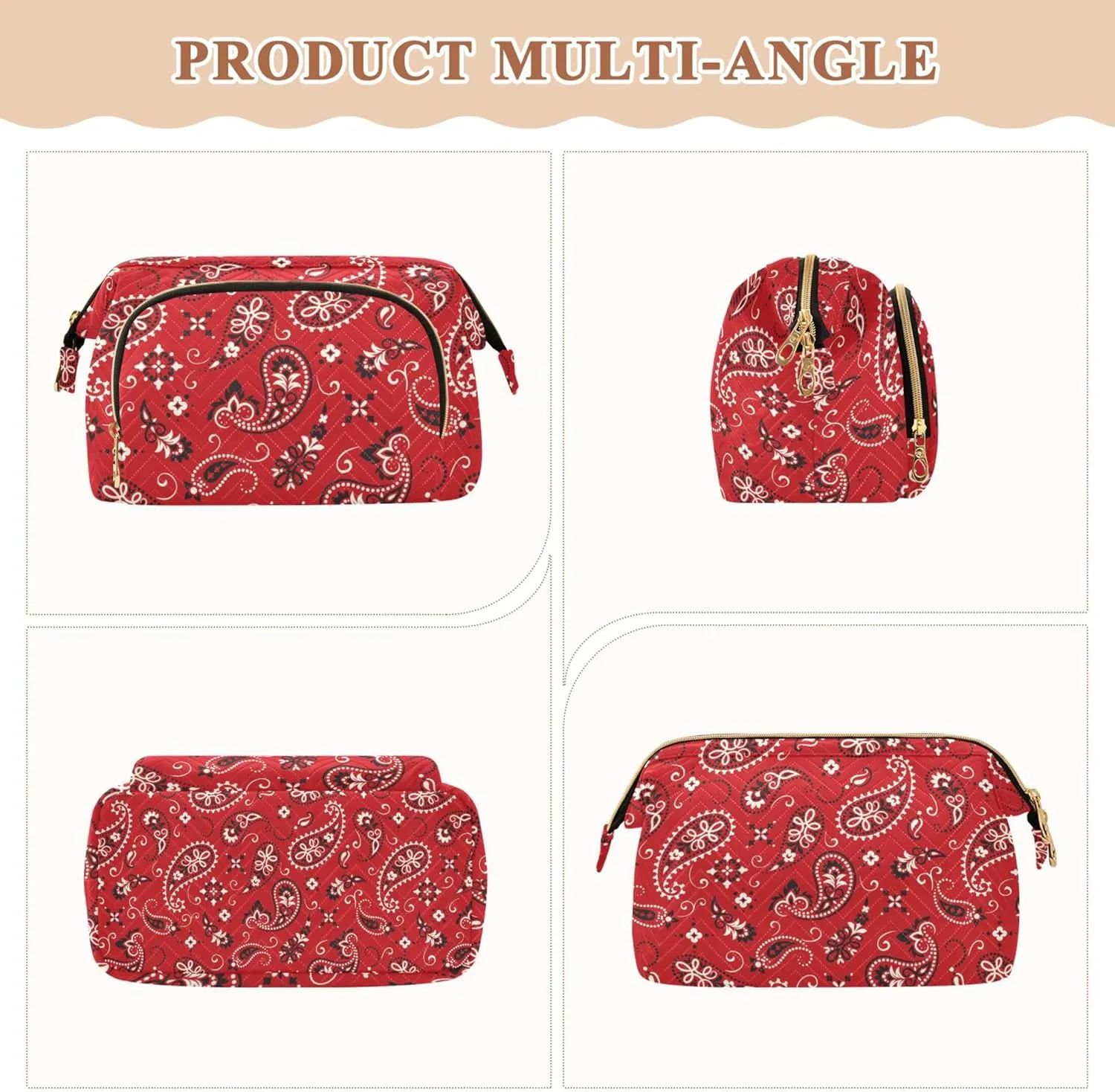 Makeup Bag Cosmetic Bag, Red Paisely Ornament Large Capacity Travel Pouch Makeup Case Organizer for Women Toiletry Bag with Zipper for Ladies Girls