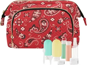 Makeup Bag Cosmetic Bag, Red Paisely Ornament Large Capacity Travel Pouch Makeup Case Organizer for Women Toiletry Bag with Zipper for Ladies Girls